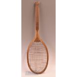 Rare Slazenger ‘Demon’ wooden fishtail tennis racket with convex wedge, stamped with ‘The Demon’