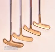 4x modern brass centre shaft putters – 2x Acushnet Bulls Eye, an offset model and standard flange