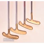 4x modern brass centre shaft putters – 2x Acushnet Bulls Eye, an offset model and standard flange