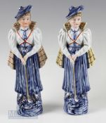 2 Early 20th century Continental Ceramic Lady Golfer Figures both standing holding club, both