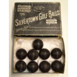 9x Very Rare Unused Silver Town Black Guttie Golf Balls - square line mesh pattern in original slide