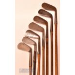 7x assorted mashie golf irons - Henry & Bishop, Winton, F H Ayres, et al - 2x wit bowed shafts and