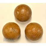 3x Unusual Brown Rubber Core guttie style mesh pattern golf balls – all appear unused