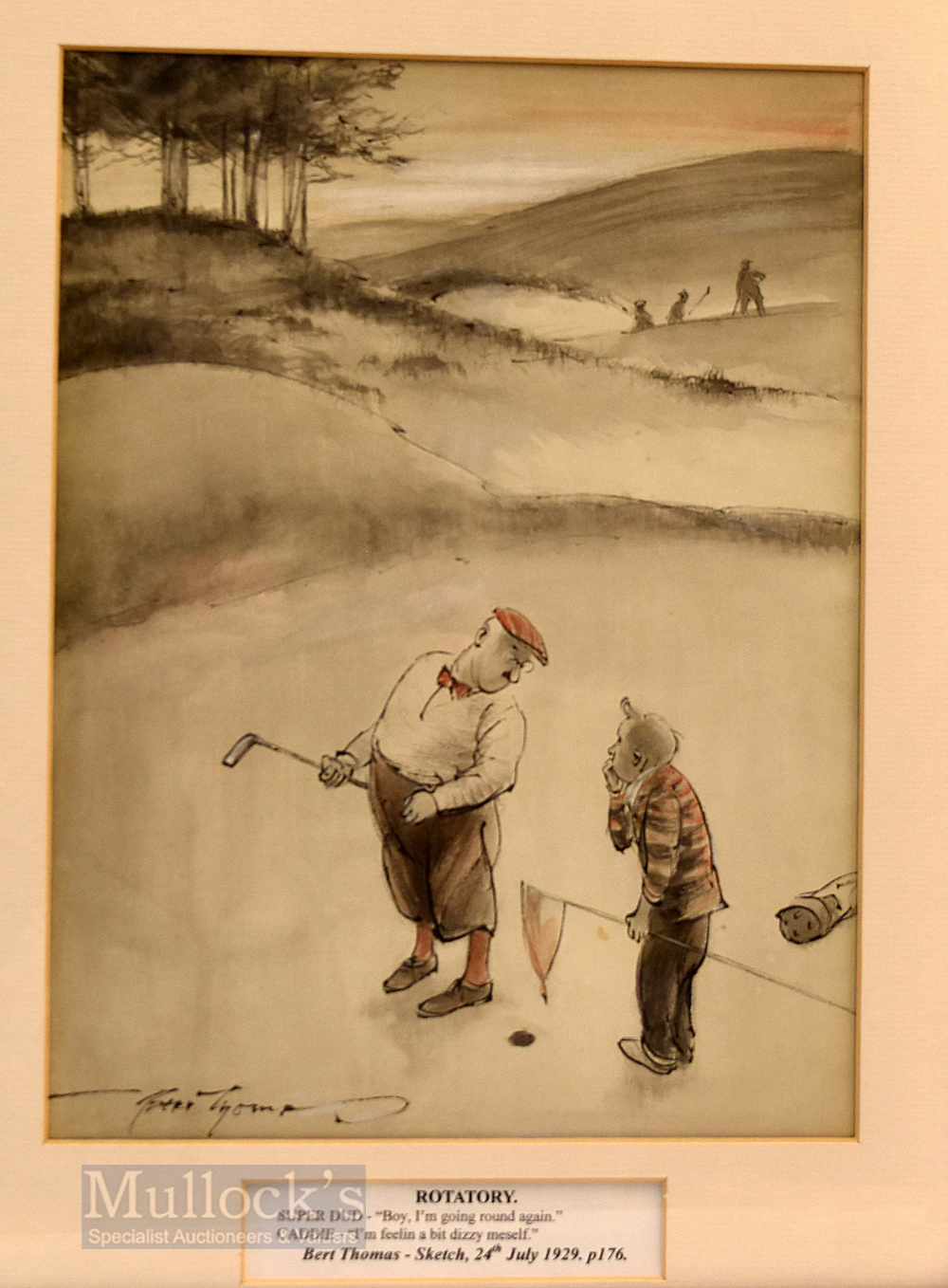 Bert Thomas (b.1883-d.1966) Original humourist mixed media golfing sketch titled “Rotatory” – signed