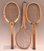 3x various wooden tennis rackets featuring a Rowson Drew & Clydesdale ‘Briton’, a ‘Carlton’ model