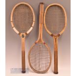 3x various wooden tennis rackets featuring a Rowson Drew & Clydesdale ‘Briton’, a ‘Carlton’ model