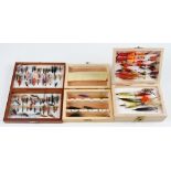 3x Wooden Fly Boxes containing 100+ salmon flies, doubles, trebles, Waddingtons and tubes
