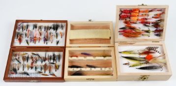 3x Wooden Fly Boxes containing 100+ salmon flies, doubles, trebles, Waddingtons and tubes