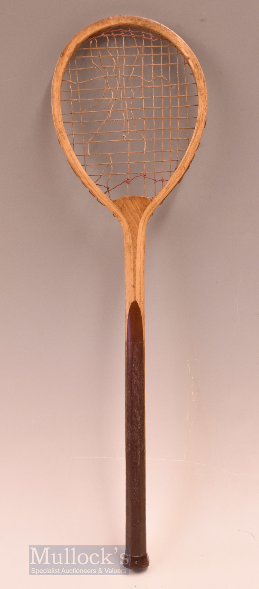 c1880 wooden badminton racket with small round head, no maker’s marks, convex wedge, measures 59cm