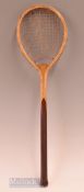 c1880 wooden badminton racket with small round head, no maker’s marks, convex wedge, measures 59cm