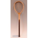 c1880 wooden badminton racket with small round head, no maker’s marks, convex wedge, measures 59cm