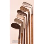 6x assorted irons featuring Joe Sibson Special niblick, G Lowe patent, Hawkins anti-shank niblick