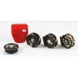 3 x K P Moritts Intrepid Super Fly reels 3 ¼ plus 1 plastic case and spare spool all runs free