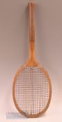 Wallis Bros Lincoln ‘The All England’ wooden fantail tennis racket with makers motif to convex