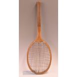 Wallis Bros Lincoln ‘The All England’ wooden fantail tennis racket with makers motif to convex