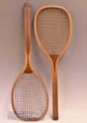 2x c1890s flat top wooden tennis rackets featuring an unnamed racket with convex wedge, original