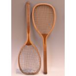 2x c1890s flat top wooden tennis rackets featuring an unnamed racket with convex wedge, original