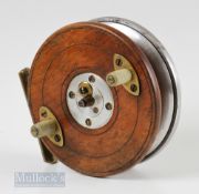 Unnamed Wood, alloy and brass 4” trotting reel with Slater 4 screw latch, brass strap back, on/off