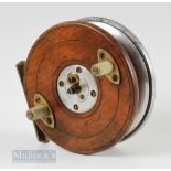 Unnamed Wood, alloy and brass 4” trotting reel with Slater 4 screw latch, brass strap back, on/off