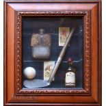 Golf Display Case containing a miniature Bells whiskey, hipflask, golf ball, shortened hickory