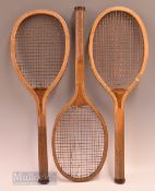 3x various wooden tennis rackets featuring ‘Olympian’ a ‘Climax’ Liberty Bell example and a J.H