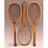 3x various wooden tennis rackets featuring ‘Olympian’ a ‘Climax’ Liberty Bell example and a J.H