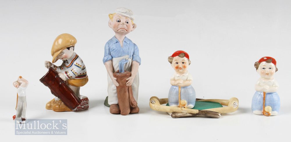 Novelty Golfing Ceramics – incl Goebbel cruet set with stand and figure, missing golf ball salt pot,