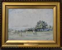 F.I.E Initials and dated 1923 – titled Afternoon Golf - oil on canvas board image 9.5” x 13.5”