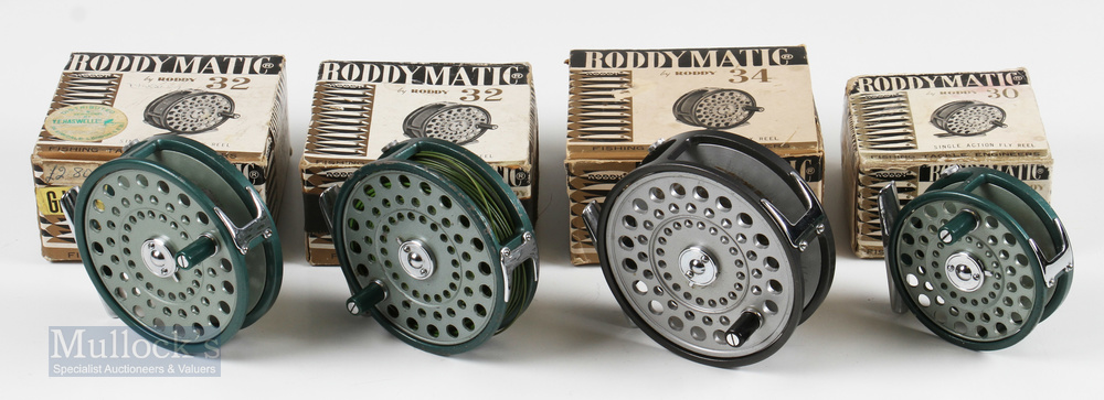 4x Roddy of Japan Fly Reels incl 1x 30, 2x 32 and a 34, all boxed with instructions, all in good