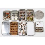 Collection of 6 fly boxes 4 are Wheatley boxes to include a 5” x 3 ½ salmon fly tin with flies, A