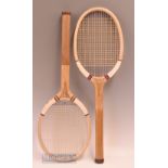 2x c1925 Louvet & Darsonval Paris wooden tennis rackets featuring ‘Darsonval Extra’ with regular