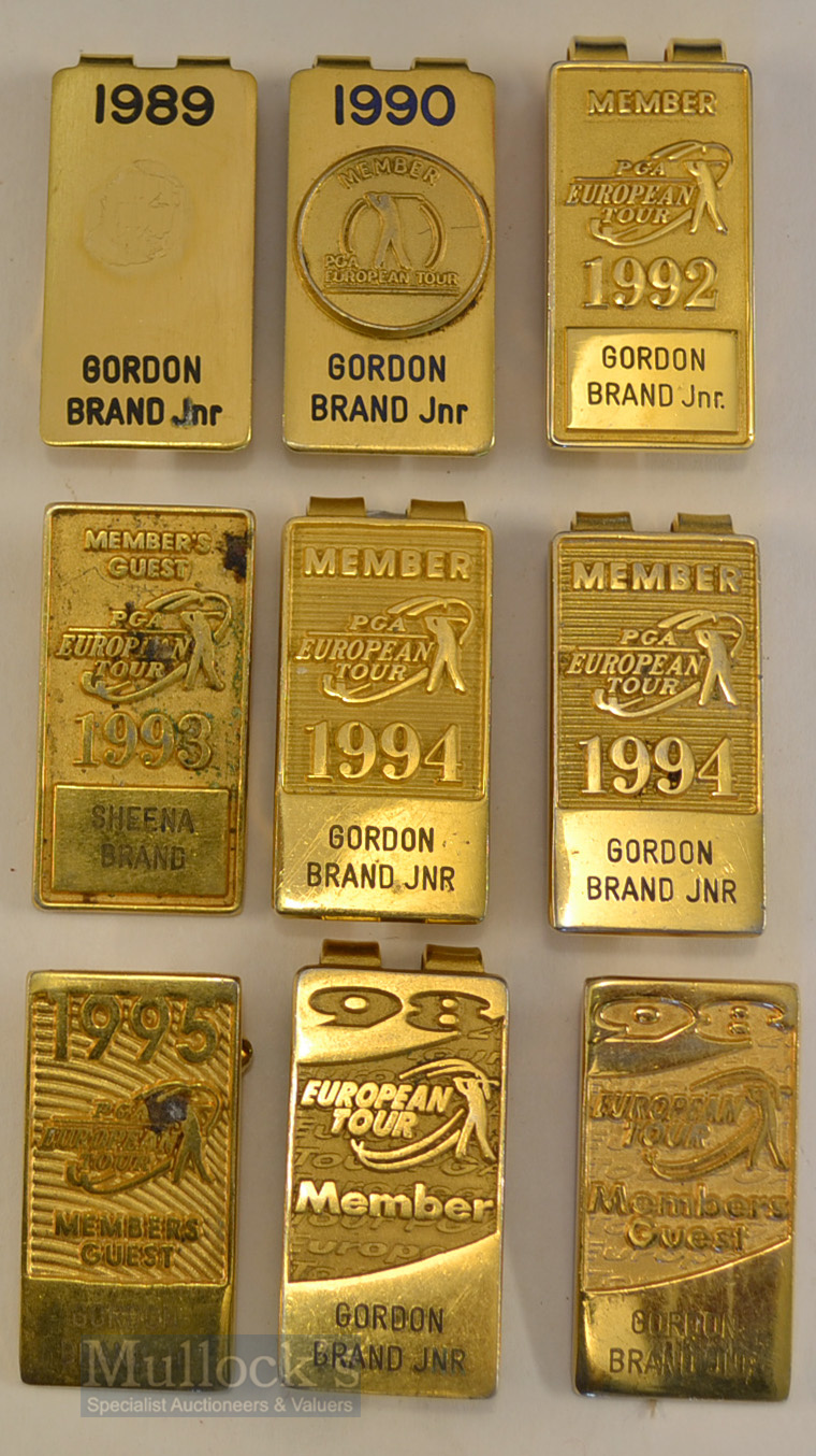 9x PGA European Tour Money Clips and Badges 1989-1998 to Gordon Brand jnr incl 6x money clips to