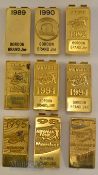 9x PGA European Tour Money Clips and Badges 1989-1998 to Gordon Brand jnr incl 6x money clips to