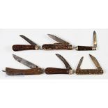 Collection of 6 Fishing and others Horn and Wooden Handle Pen knives to include Makers of Hodges &