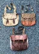 3x Canvas and Leather Shoulder Bags one by Liddesdale, Scotland, largest approx. 14” long with