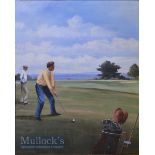 Michael Matthews, (1933-) golfing oil on board - Golfers Approaching Green (possibly Carnoustie) –