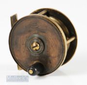 S Allcock & Co Redditch 2 ½” brass fly reel with maker’s oval mark to face, black handle, constant