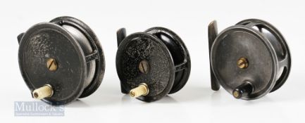 3x various alloy trout reels featuring a J.B Walker Newcastle on Tyne 2 5/8” alloy reel in black