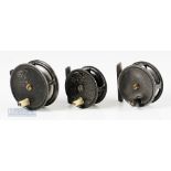 3x various alloy trout reels featuring a J.B Walker Newcastle on Tyne 2 5/8” alloy reel in black