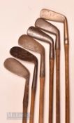 6x assorted irons to incl Anderson of Anstruther Army & Navy ‘Holdfast’ brass blade putter (shaft