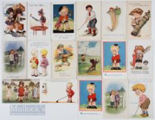 Selection of 17x Early Children Golfing Postcards various coloured scenes, humorous etc, writing