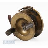 Ogdens Smith London 4” Brass Reel with bickerdyke line guide, oversize handles and pillar drum, some