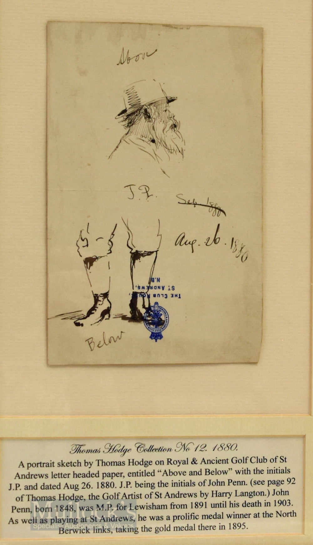 Thomas, Hodge (b.1827 – d.1907) - St Andrews Personality pen and ink sketch of “J P” (John Penn) - Image 2 of 2