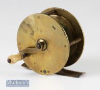 Victorian brass crank wind wide drum salmon fly reel c1880 London - 3 ¼” x 1 ½” wide, with white
