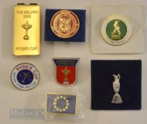 7x Assorted Golf Championship Badges and Clips incl 3x Ryder Cup enamel badges, 2001 Ryder Cup money