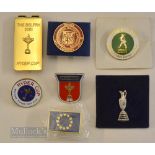 7x Assorted Golf Championship Badges and Clips incl 3x Ryder Cup enamel badges, 2001 Ryder Cup money