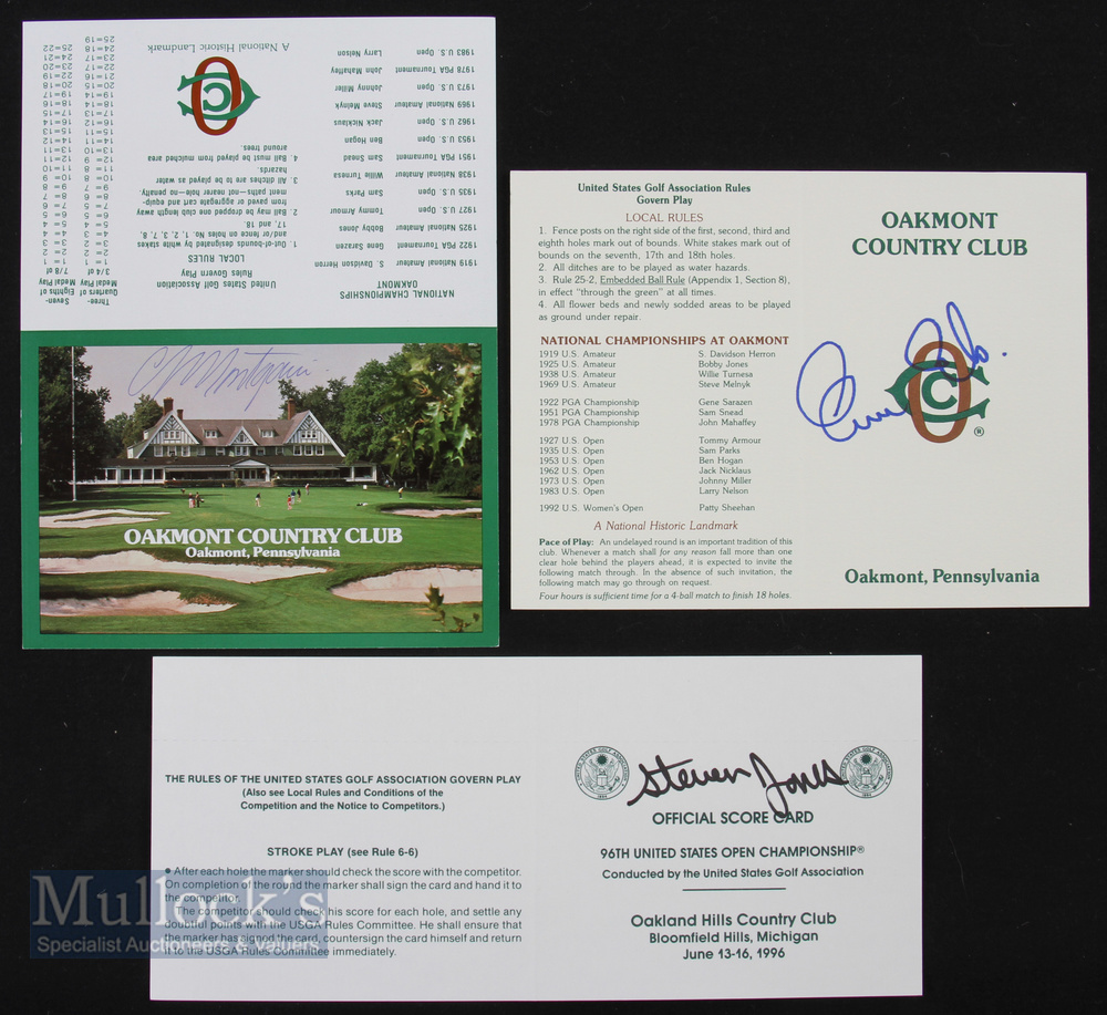 3x US Open Golf Championship Signed Scorecards featuring 1996 Steve Jones, 1993 Ernie Els, a 1994