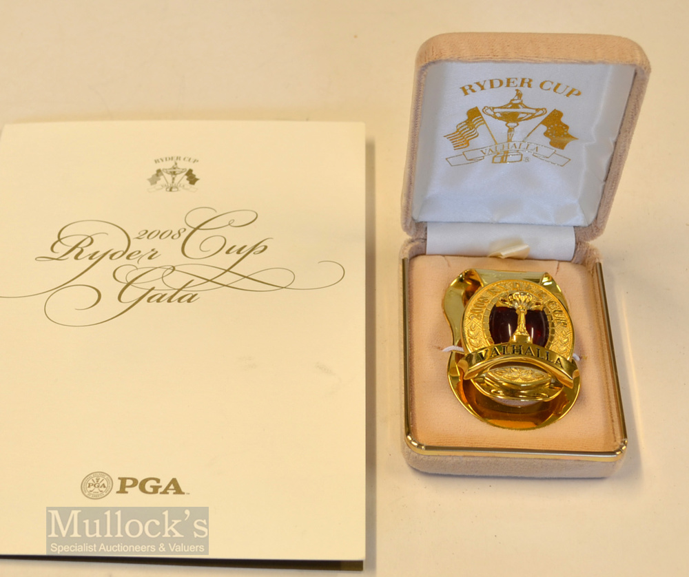 Rare 2008 Ryder Cup gold plated and enamel money clip given to players and officials & menu (2)