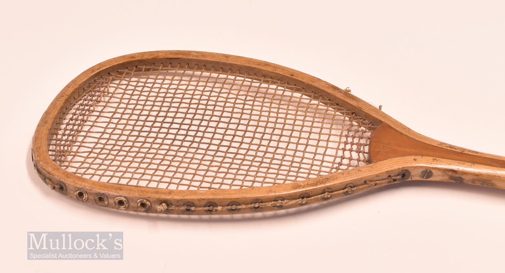 c1888 Rare F.H. Ayres ‘The Central Strung’ flat top wooden tennis racket with maker’s script details - Image 2 of 2