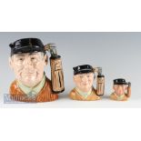 Graduating Set of 3 Royal Doulton ‘Golfer’ Character Jugs largest D6623, D6756, D6757, all in good